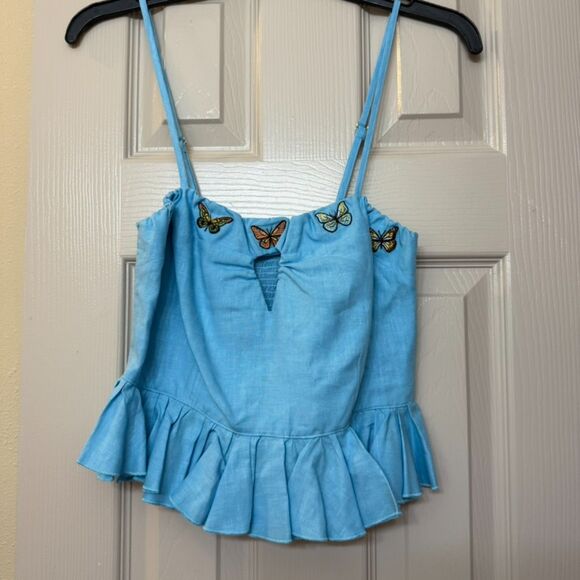Fanm Mon NWT Marion top - Aqua Blue Butterfly Embroidered cropped tank - M - Picture 2 of 4